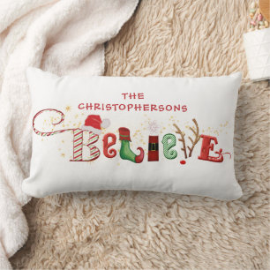 Cute Christmas Spirit Family BELIEVE Typography Lumbar Cushion