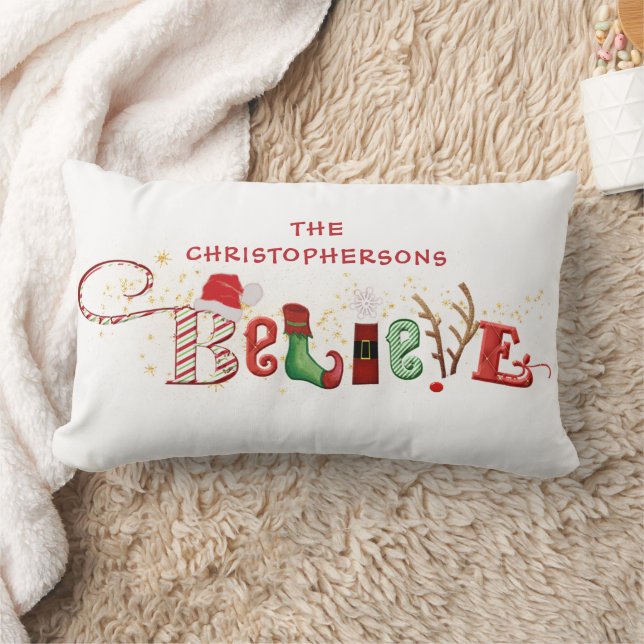 Cute Christmas Spirit Family BELIEVE Typography Lumbar Cushion (Blanket)