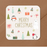 Cute Christmas   Square Sticker<br><div class="desc">Cute christmas sticker with hand drawn symbols of christmas on pink background</div>