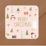 Cute Christmas   Square Sticker<br><div class="desc">Cute christmas sticker with hand drawn symbols of christmas on pink background</div>