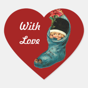Cute Christmas Stocking and Little Child,Red Heart Sticker
