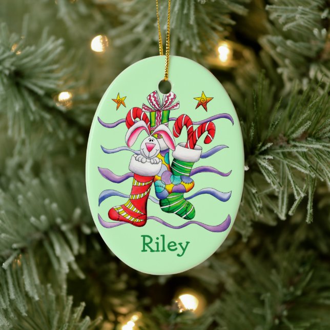 Cute Christmas Stocking Bunny Personalised Ceramic Tree Decoration (Tree)