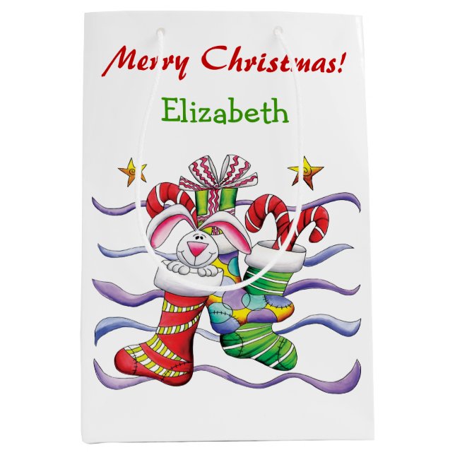 Cute Christmas Stocking Bunny Personalised Medium Gift Bag (Front)