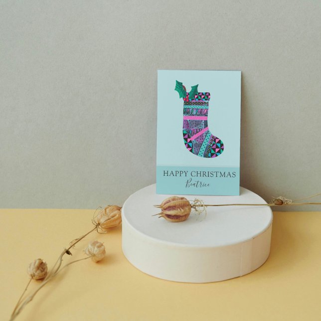 Cute Christmas Stocking Geometric Pattern Custom Holiday Postcard (Creator Uploaded)