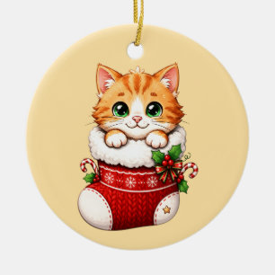 Cute Christmas Stocking Kitten Ceramic Ornament