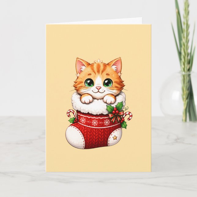 Cute Christmas Stocking Kitten Ceramic Ornament Card (Front)