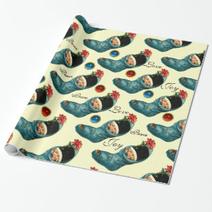 Cute Christmas Stocking,Little Child ,Cream Wrapping Paper