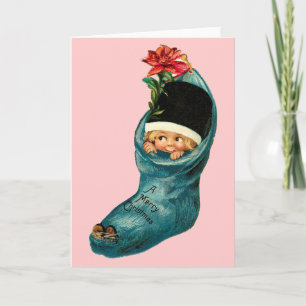 Cute Christmas Stocking ,Little Child,Pink Blue Holiday Card