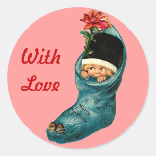 Cute Christmas Stocking ,Little Child,Pink Red Classic Round Sticker