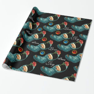 Cute Christmas Stocking,Little Child ,Red flower Wrapping Paper