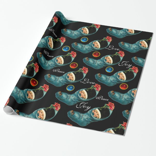 Cute Christmas Stocking,Little Child ,Red flower Wrapping Paper (Unrolled)