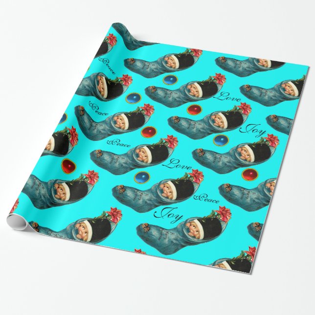 Cute Christmas Stocking,Little Child Turquoise Wrapping Paper (Unrolled)