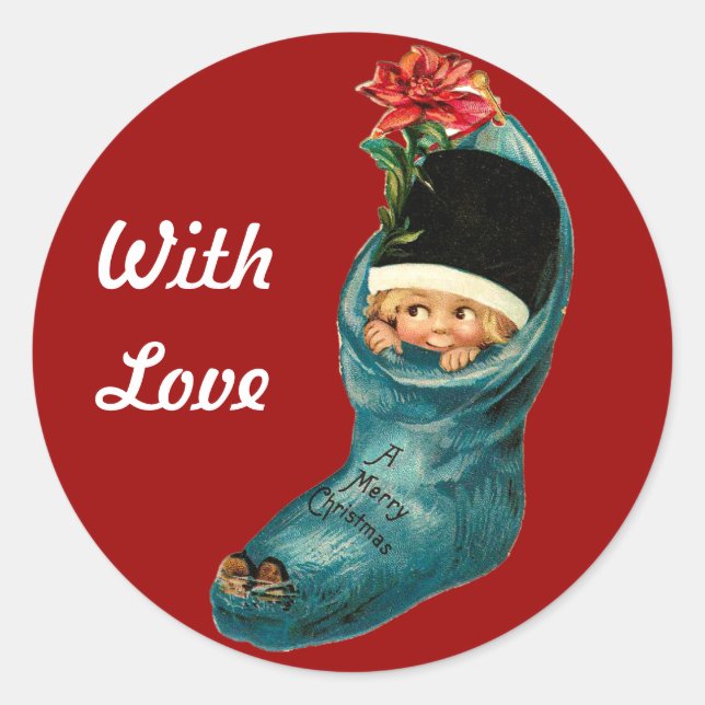 Cute Christmas Stocking ,Little Child,White Red Classic Round Sticker (Front)