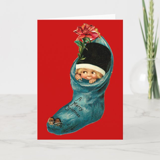 Cute Christmas Stocking ,Little Child,White Red Holiday Card (Front)