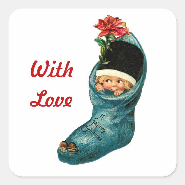 Cute Christmas Stocking ,Little Child,White Red Square Sticker (Front)