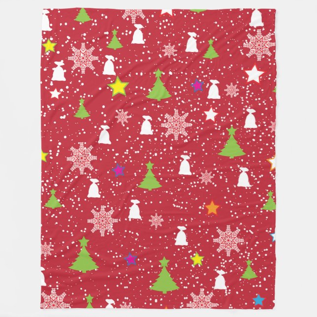 Cute Christmas Symbol Pattern Red White & Green Fleece Blanket (Front)