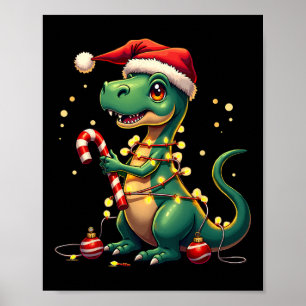 Cute Christmas T-rex Shirt Dinosaur Lights And Can Poster