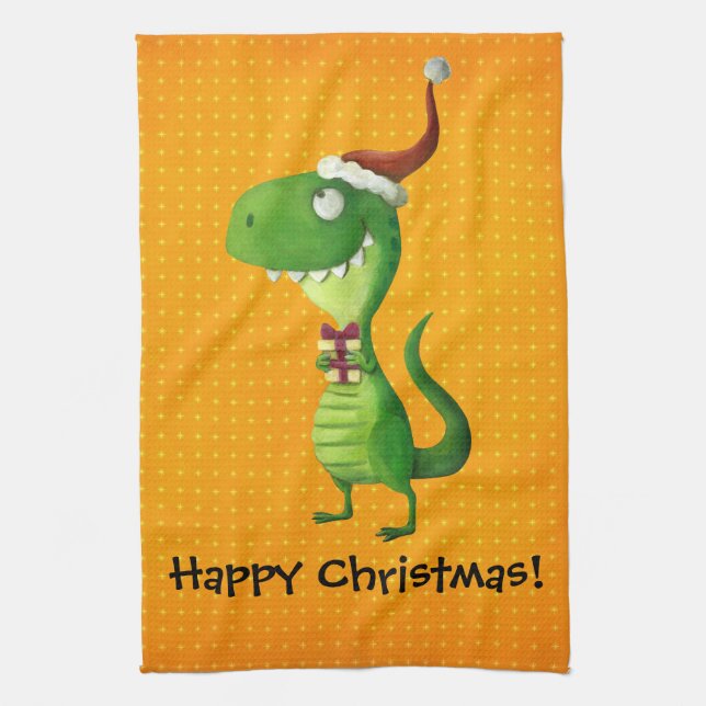 Cute Christmas T-rex Tea Towel (Vertical)