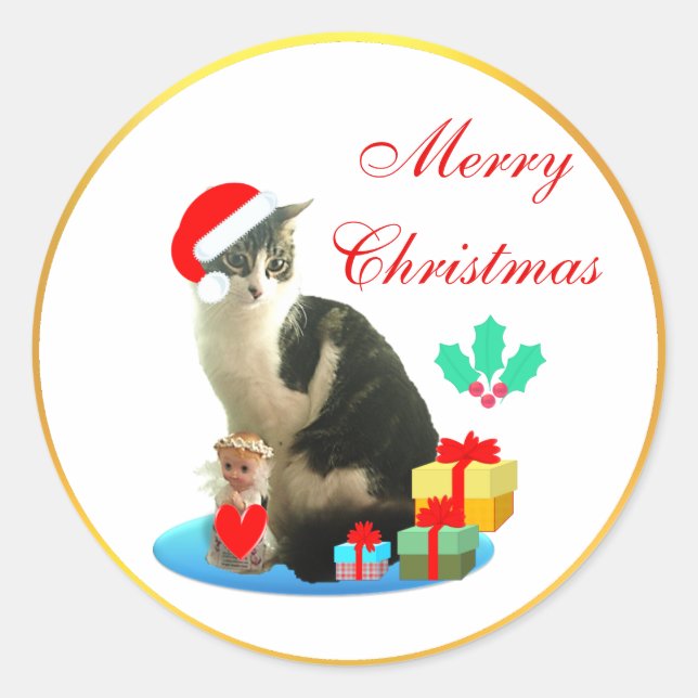 Cute Christmas Tabby Cat Classic Round Sticker (Front)