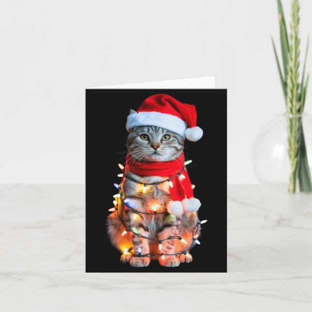 Cute Christmas Tabby Cat In Lights Santa Hat For K Card (Front)