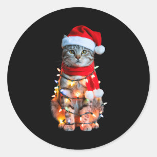 Cute Christmas Tabby Cat In Lights Santa Hat For K Classic Round Sticker