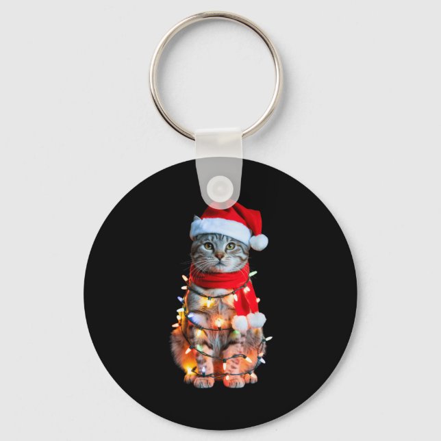Cute Christmas Tabby Cat In Lights Santa Hat For K Key Ring (Front)