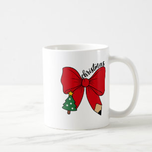 Cute Christmas Teacher Red Bow With Pencil Holiday Coffee Mug