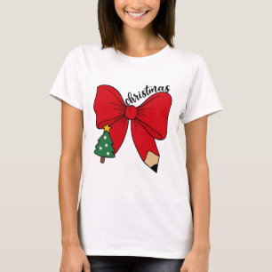 Cute Christmas Teacher Red Bow With Pencil Holiday T-Shirt
