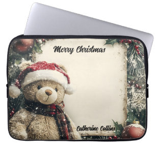 Cute Christmas Teddy Bear Illustration Design Laptop Sleeve