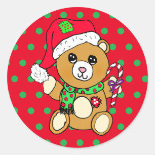Cute Christmas Teddy Bear with Candy Cane Classic Round Sticker