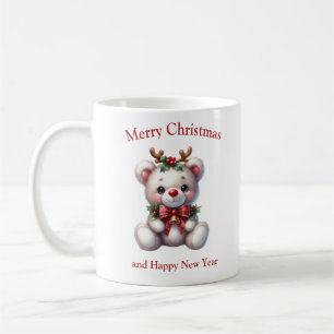 Cute Christmas teddy bear with deer antlers Coffee Mug