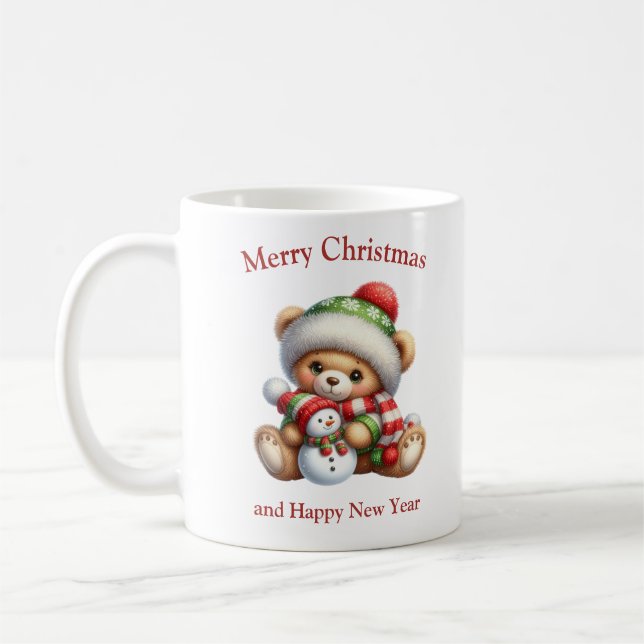 Cute Christmas teddy bear with snowman Coffee Mug (Left)