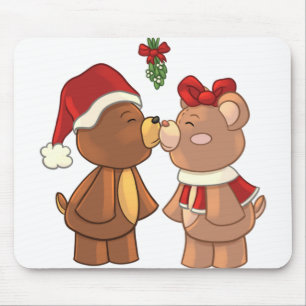 Cute christmas teddy bears kissing under mistletoe mouse pad