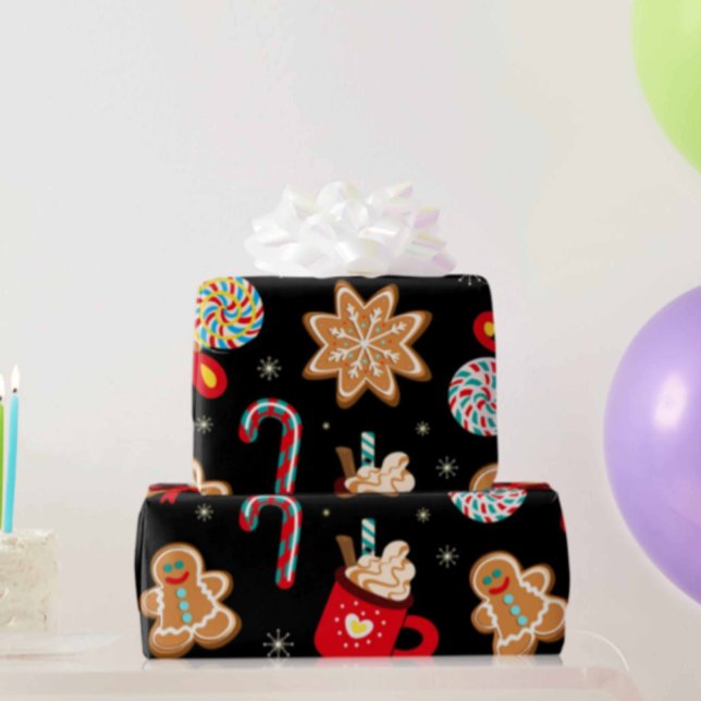 Cute Christmas Theme Pattern Black Wrapping Paper (Creator Uploaded)