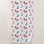 Cute Christmas Themed  Beach Towel<br><div class="desc">Cute Christmas themed beach towel featuring a repeat pattern of green Christmas trees,  warm woolly mittens,  cute stockings and red baubles on a white background.</div>