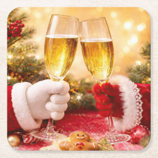 Cute Christmas Themed Cheers Champagne Square Paper Coaster