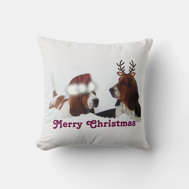 Cute Christmas Throw Pillow w/Snow & Basset Hounds (Front)
