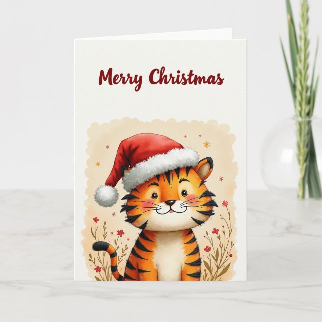 Cute Christmas Tiger in Santa Hat Holiday Card (Front)