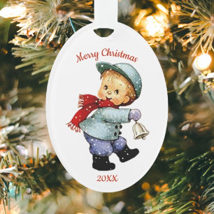 Cute Christmas Tot Boy with Bell Acrylic Ornament