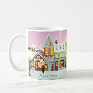Cute Christmas Town & Snowman on Rose Gold Coffee Mug