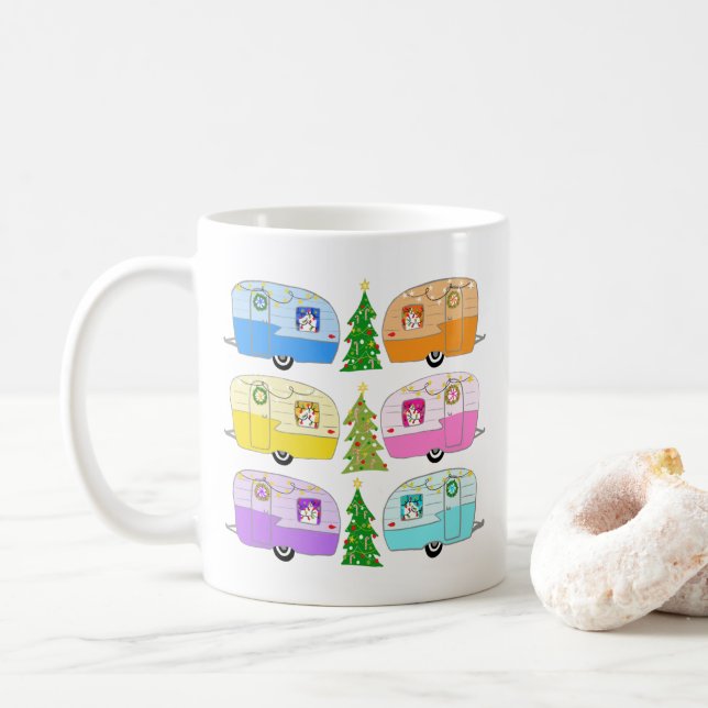 Cute Christmas Trailers Campers Vintage RV Coffee Mug (With Donut)