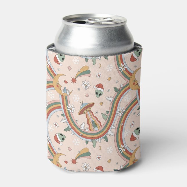 Cute Christmas Tree Alien Rainbow Holiday Pattern Can Cooler (Can Front)