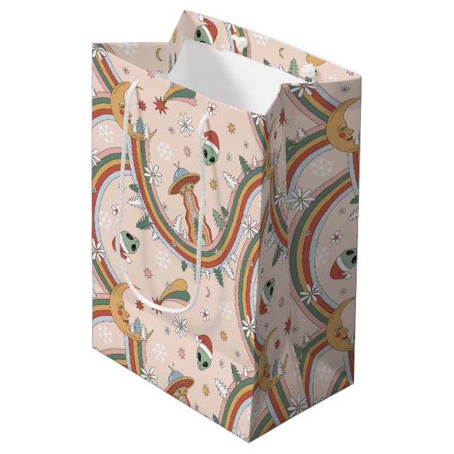 Cute Christmas Tree Alien Rainbow Holiday Pattern Medium Gift Bag (Front Angled)