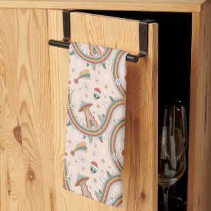 Cute Christmas Tree Alien Rainbow Holiday Pattern Tea Towel