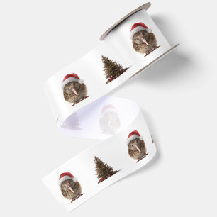 Cute Christmas Tree and Kiwi Bird Allover Pattern Satin Ribbon