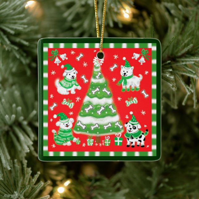 Cute Christmas Tree and Puppy Dogs with Bones Ceramic Ornament (Tree)