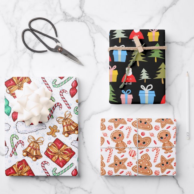 Cute Christmas tree bells gingerbread  pattern  Wrapping Paper Sheet (Front)