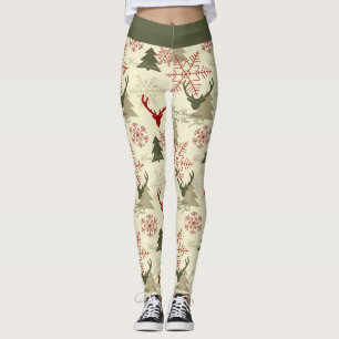 Cute Christmas Tree Deer Green Red Pattern Festive Leggings