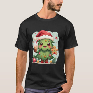 Cute Christmas Tree Gingerbread Santa Hat Festive  T-Shirt
