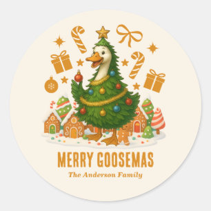 Cute Christmas Tree Goose   Funny Holiday Classic Round Sticker